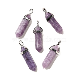 Natural Lepidolite Pointed Pendants, with Random Brass Pendant Hexagon Bead Cap Bails, Platinum, Bullet, 38.5~40x12~12.5x10~11mm, Hole: 3x4.5mm(X-G-G025-01P-30)