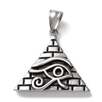Ion Plating(IP) 304 Stainless Steel Pendants, Pyramid with Eye of Horus Charm, Antique Silver, 34x34x8mm, Hole: 4.5x9.5mm