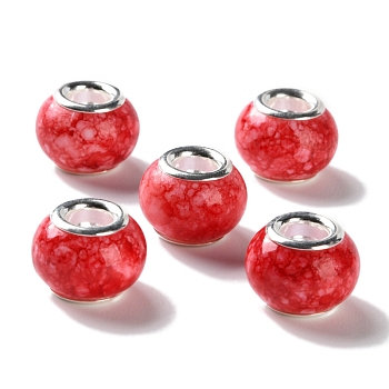 Brass Cores Acrylic European Beads, Round, Large Hole Bead, Silver, Red, 14x10mm, Hole: 5mm