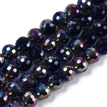 Transparent Electroplate Glass Beads Strands, Faceted, Round, Midnight Blue, 9~10mm, Hole: 1.3mm, about 63~68pcs/strand, 24.41~25.43''(62~64.6cm)