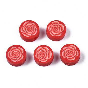 Handmade Polymer Clay Beads, for DIY Jewelry Crafts Supplies, Flat Round with Flower, Red, 9.5x3.5~5mm, Hole: 1.8mm