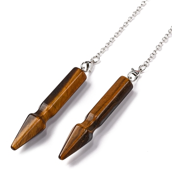 Natural Tiger Eye Pointed Dowsing Pendulums, Spear Charms with Rack Plating Platinum Tone Alloy Findings, Cadmium Free & Lead Free, 177mm