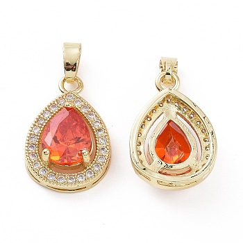 Brass Micro Pave Cubic Zirconia Pendants, with Glass, Teardrop Charm, Real 18K Gold Plated, Orange Red, 18x12x6mm, Hole: 3x5mm