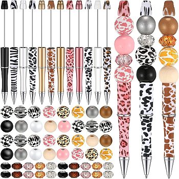 Leopard Print Pattern Plastic Ball-Point Pen, Beadable Pen, for DIY Personalized Pen with Wood Round & Rhinestones Beads, Pearl Pink, 130x190x25mm, round: 32pcs