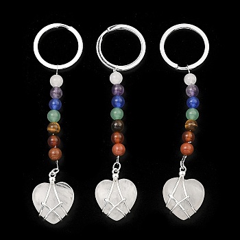 Natural Quartz Crystal Heart Keychain, with Chakra Gemstone Bead and Platinum Tone Rack Plating Brass Findings, 10.5cm