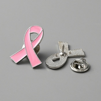 Awareness Ribbon Enamel Pin, Platinum Alloy Brooch for Backpacks Clothes Jackets Hats, Pearl Pink, 26x21x1.5mm, Pin: 1mm