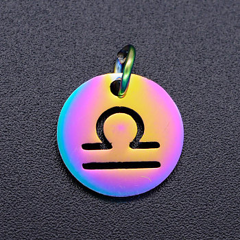 Rainbow Color Ion Plating(IP) 201 Stainless Steel Charms, with Jump Rings, Flat Round with Constellation/Zodiac Sign, Libra, 12x1mm, Jump Ring: 5x0.8mm, Inner Diameter: 3mm