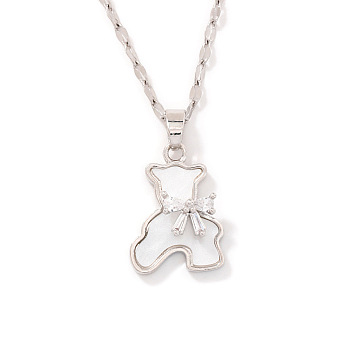 Cute Mini Cartoon Bear Brass Cubic Zirconia Pendant Necklaces for Women, Platinum, 15.75 inch(40cm)