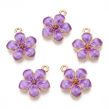 Zinc Alloy Enamel Pendants, Flower, Golden, Orchid, 16.5x14.5x2.5~3mm, Hole: 1.5mm