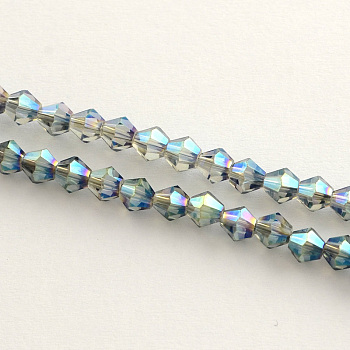Electroplate Glass Bead Strands, Rainbow Plated, Faceted Bicone, Medium Sea Green, 4x4.5mm, Hole: 1mm, about 82~85pcs/strand, 30.5~31cm