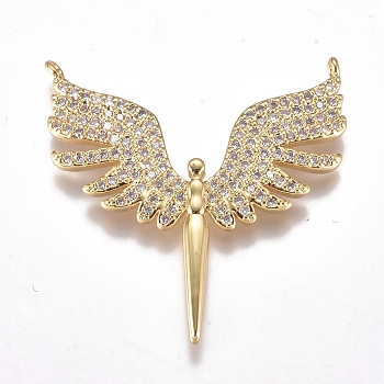 Brass Micro Pave Cubic Zirconia Pendants, Long-Lasting Plated, Angel, Real 18K Gold Plated, Clear, 30x31x3mm, Hole: 0.8mm