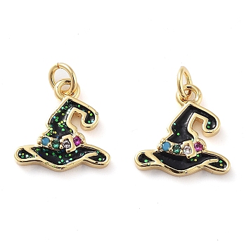 Rack Plating Brass Micro Pave Colorful Grade AAA Cubic Zirconia Pendants, with Enamel and Jump Ring, Long-Lasting Plated, Cadmium Free & Lead Free, Witch Hat Charms, Real 18K Gold Plated, 11x11.5x2.5mm, Hole: 2mm