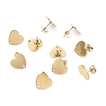 Ion Plating(IP) 304 Stainless Steel Stud Earring Findings, with Ear Nuts, Heart, Real 18K Gold Plated, 12x13mm, Hole: 1.5mm, Pin: 0.7mm