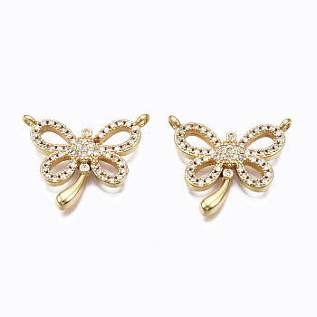 Brass Micro Pave Clear Cubic Zirconia Pendants, Nickel Free, Butterfly, Real 16K Gold Plated, 17x20x3mm, Hole: 1mm