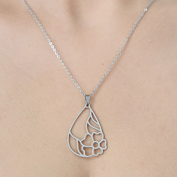 201 Stainless Steel Hollow Teardrop with Flower Pendant Necklace, Stainless Steel Color, 17.72 inch(45cm)