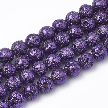 Electroplated Natural Lava Rock Beads Strands, Round, Bumpy, Purple, 10~10.5mm, Hole: 1.2mm, about 37~40pcs/strand, 14.9~15.1 inch(38~38.5cm)