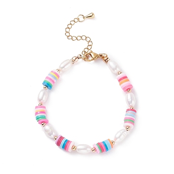 Natural Pearl & Polymer Clay Beaded Bracelet, Preppy Bracelet for Women, Colorful, 7-1/2 inch(19cm)