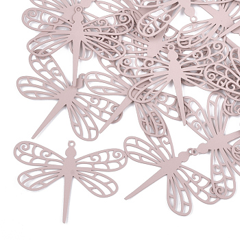 430 Stainless Steel Filigree Pendants, Spray Painted, Etched Metal Embellishments, Dragonfly, Pink, 26.5x35x0.3mm, Hole: 1.2mm