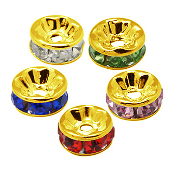Brass Rhinestone Spacer Beads, Grade A, Straight Flange, Golden Metal Color, Rondelle, Mixed Color, 8x3.8mm, Hole: 1.5mm