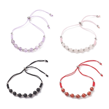Natural Mixed Stone Beads Slider Bracelets for Men Women, Brass Round Beaded Bracelets, Inner Diameter: 1~3-1/8 inch(2.4~7.9cm)