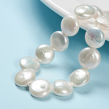 Natural Baroque Pearl Keshi Pearl Beads Strands, Cultured Freshwater Pearl, Flat Round, PapayaWhip, 12~13x4~6mm, Hole: 0.5mm, about 13~15pcs/strand, 7 inch~7.75 inch