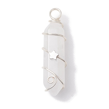 Natural Quartz Crystal Double Terminal Pointed Pendants, Rock Crystal Faceted Bullet Charms with Star Copper Wire Wrapped, Silver, 36~37x10~10.5x11mm, Hole: 3.5mm