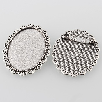 Vintage Alloy Brooch Cabochon Bezel Settings, Cadmium Free & Lead Free, with Iron Pin Back Bar Findings, Antique Silver, Oval Tray: 40x30mm, 48.5x38x2mm, Pin: 0.8mm