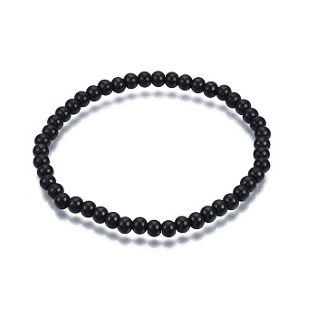 201 Stainless Steel Round Beaded Stretch Bracelet for Men Women, Electrophoresis Black, Inner Diameter: 2 inch(5.2cm), Beads: 5mm