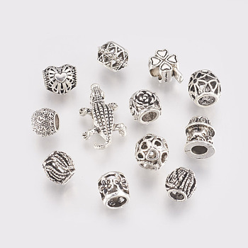 Alloy European Beads, Large Hole Beads, Mixed Shape, Antique Silver, 9~24x9~15x7~10mm, Hole: 4~5mm
