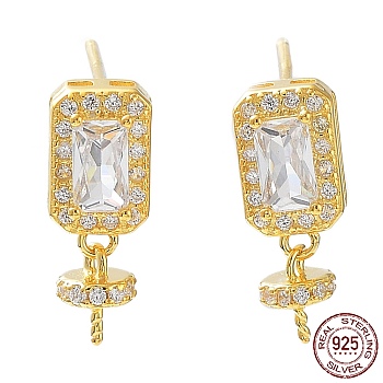 925 Sterling Silver with Clear Cubic Zirconia Stud Earring Findings, for Half Drilled Pearl Beads, with S925 Stamp, Rectangle, Real 18K Gold Plated, 14.5x5.5mm, Pin: 0.7mm