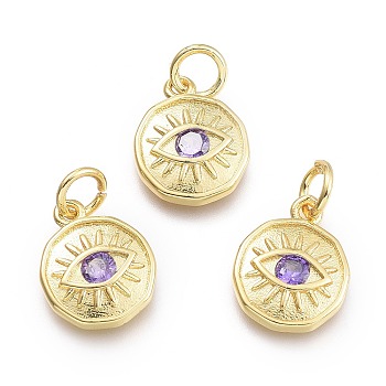 Brass Micro Pave Cubic Zirconia Pendants, with Jump Ring, Flat Round with Eye, Real 18K Gold Plated, Lilac, 12x10x2mm, Jump Rings: 5x0.8mm, Inner Diameter: 3mm