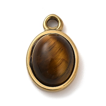 Natural Tiger Eye Pendants, 304 Stainless Steel Oval Charms, Golden, 15.5x10x5.5mm, Hole: 1.6mm