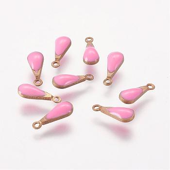 Antique Golden Plated Brass Enamel Teardrop Charms, Enamelled Sequins, Pink, 11x4x3mm, Hole: 1mm