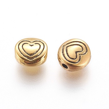 Tibetan Style Alloy Beads, Flat Round with Heart, Antique Golden, Lead Free & Cadmium Free, 6x6x3mm, Hole: 1.5mm