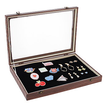 Wood Presentation Boxes for Badge Storage and Display, with Glass Window and Iron Clasp, Rectangle, Black, 35x24.7x5.05cm