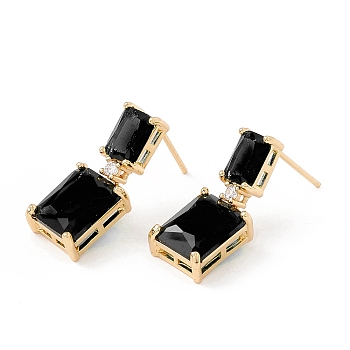 Black Cubic Zirconia Rectangle Dangle Stud Earrings, Real 18K Gold Plated Brass Jewelry for Women, Lead Free & Cadmium Free, Black, 22mm, Pin: 0.8mm