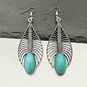 Synthetic Turquoise Dangle Earrings, Hollow Leaf Alloy Long Drop Earrings, Turquoise, 80x26mm