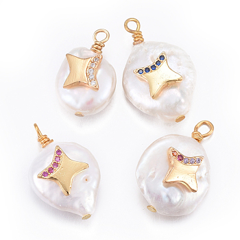 Natural Cultured Freshwater Pearl Pendants, with Brass Cubic Zirconia Findings, Nuggets with Star, Golden, Mixed Color, 17~26x11~16x5~11mm, Hole: 1.6~2mm