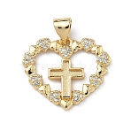 Brass Micro Pave Cubic Zirconia Pendants, Heart with Cross Charms, Cadmium Free & Lead Free, Long-Lasting Plated, Rack Plating, Real 18K Gold Plated, 17.5x20x2mm, Hole: 4x3mm(KK-Z143-09G-01)