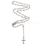 Glass Pearl Beads Rosary Bead Necklaces, Alloy Oval with Virgin Mary, Crucifix Cross, For Easter, White, 22.83 inch(58cm)(HJEW-FG00020)