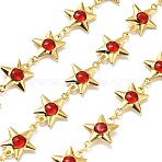 Brass Glass Link Chains, with Star Charms & Spool, Long-Lasting Plated, Soldered, Lead Free & Cadmium Free, Rack Plating, Real 18K Gold Plated, FireBrick, 14x10.5x3mm(CHC-R001-06G-05)