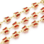 Brass Glass Butterfly Charm Link Chains, Soldered, with Spool, Golden, Dark Red, 10.5~11x7x2mm, about 32.81 Feet(10m)/Roll(CHC-T018-11D-G)