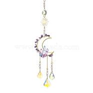 Natural Amethyst & Glass Pendants Decoration, with 304 Stainless Steel Split Rings, Moon & Sun, 300mm(HJEW-JM01479-03)