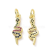Brass Micro Pave Colorful Cubic Zirconia Pendants, with Jump Ring, Snake Charm, Real 18K Gold Plated, 19x6x2mm, Hole: 3.2mm(KK-E068-VF110)