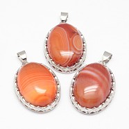 Natural Red Striped Agate/Banded Agate Pendants, with Brass Findings, Oval, Dyed, Platinum, 30x21x10~11mm, Hole: 6x4mm(G-D851-38)