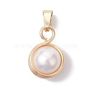 Natural Cultured Freshwater Pearl Copper Wire Wrapped Pendants, Round Charms with 201 Stainless Steel Snap on Bails, Golden, 16x11x10mm, Hole: 5x2.5mm(PALLOY-JF02719)