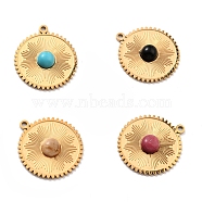 Natural Gemstone Pendants, with Ion Plating(IP) 304 Stainless Steel Findings, Real 24K Gold Plated, Flat Round, 20x18x3mm, Hole: 1.4mm(STAS-I189-05G)
