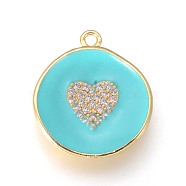 Golden Plated Brass Micro Pave Cubic Zirconia Pendants, with Enamel, Long-Lasting Plated, Flat Round with Heart, Cyan, 23x20x3mm, Hole: 1.8mm(KK-F809-07G-05)