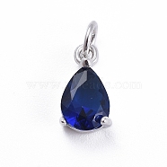 Brass Micro Pave Cubic Zirconia Pendants, with Jump Ring, Teardrop, Platinum, Blue, 11.5x6.5x4mm, Hole: 3mm(ZIRC-E164-64P-B)