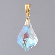 AB Color Plated Electroplate Glass Pendants, with Golden Plated Brass Pendant Bails, Faceted, Leaf, Clear AB, 28x19.5x10.5mm, Hole: 10x4mm(PALLOY-JF00446-01)